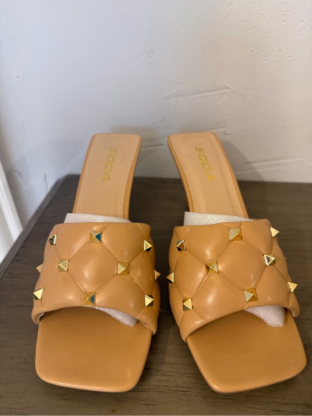 Soda Tan Quilted Slide Mules with Gold Studs